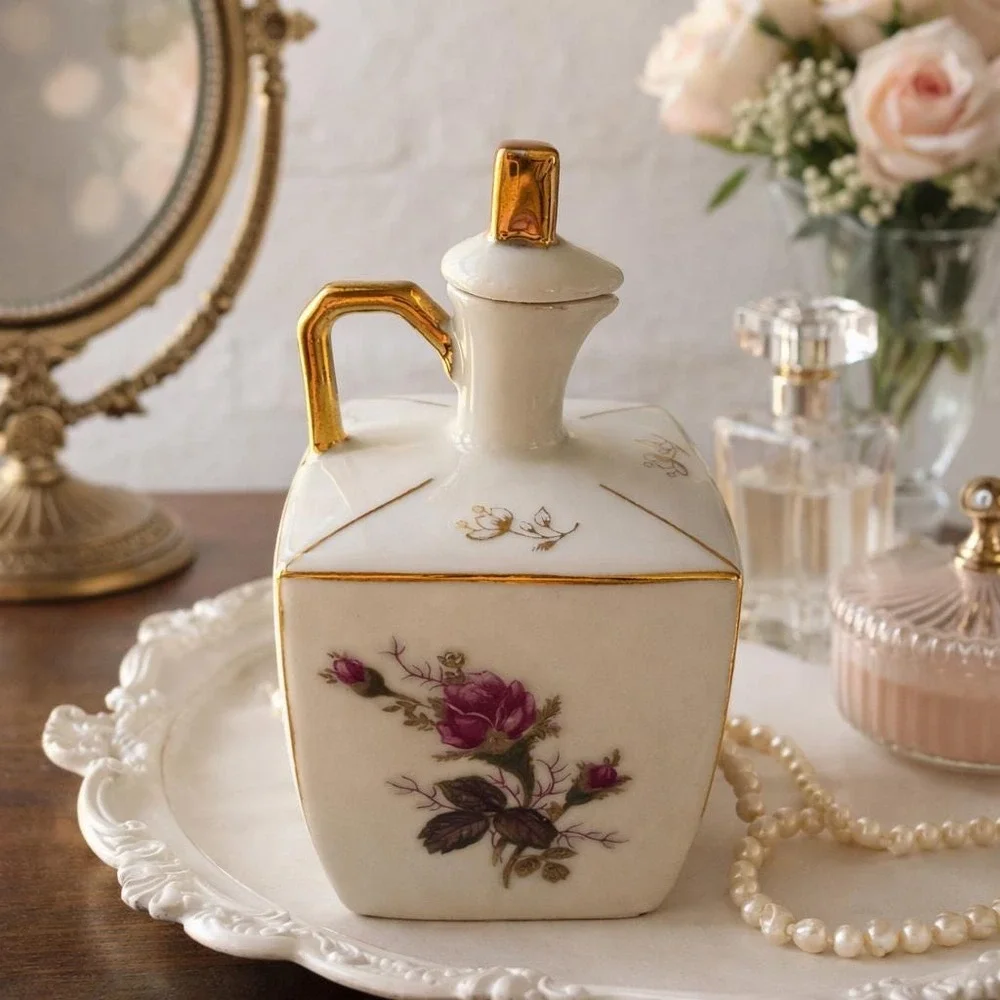 Vintage Porcelain Vanity Bottle Gold Handle Stopper Japan Floral Grandmillennial